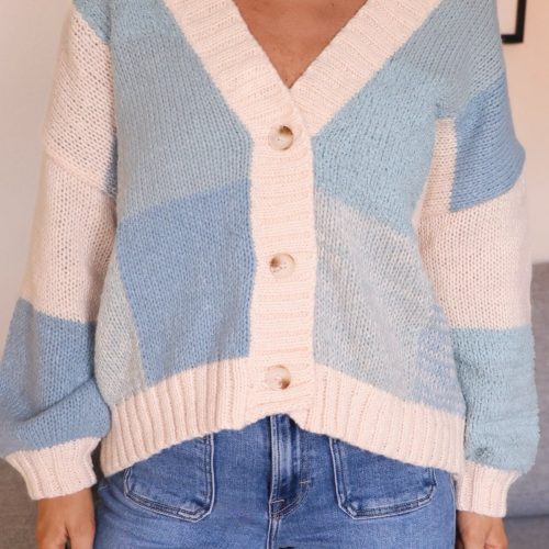 blue color block ribbed cardigan 421868