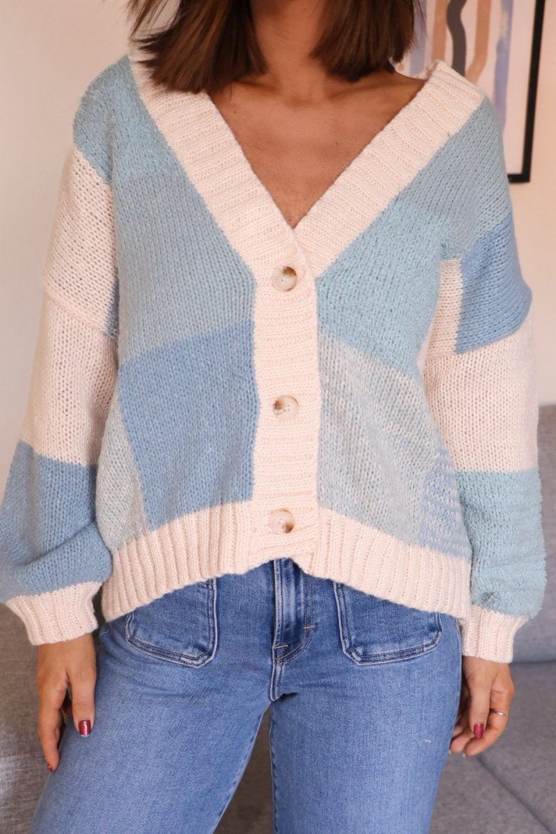 blue color block ribbed cardigan 421868