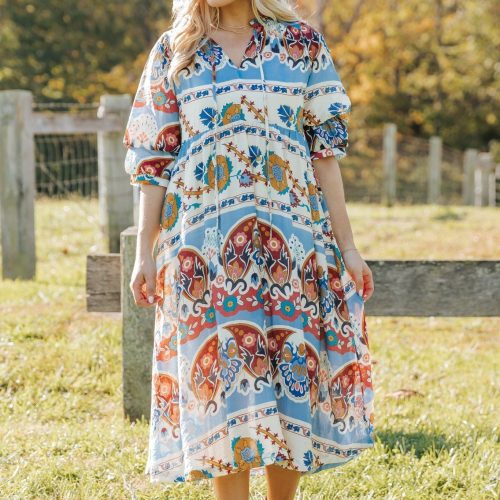 blue multi border print midi dress 245395