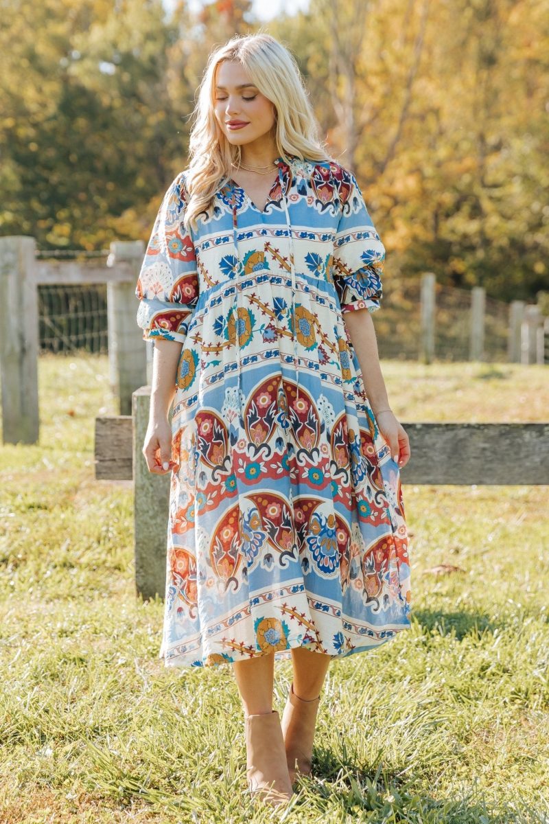 blue multi border print midi dress 245395