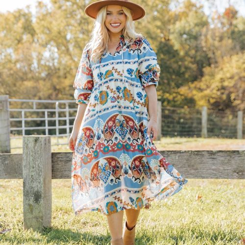 blue multi border print midi dress 671292