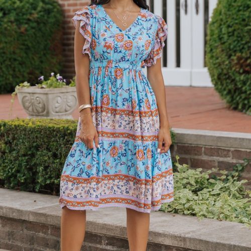 blue multi border print pleated midi dress 400393