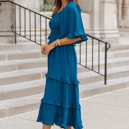 blue off the shoulder tiered midi dress 105972