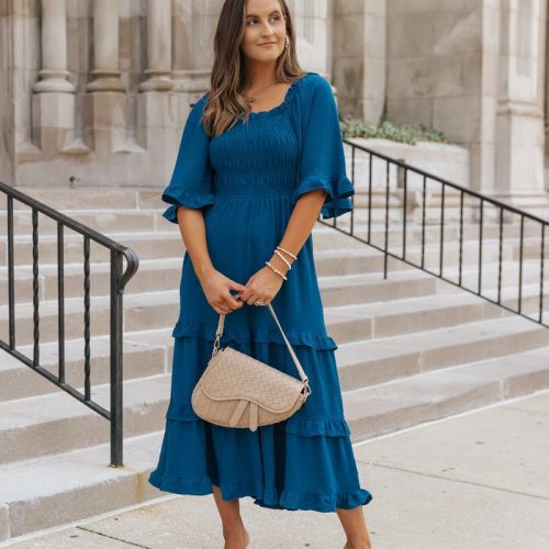 blue off the shoulder tiered midi dress 166013