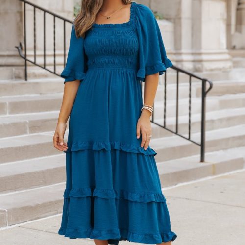 blue off the shoulder tiered midi dress 425143