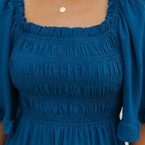 blue off the shoulder tiered midi dress 473942