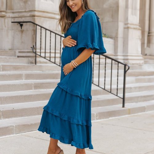 blue off the shoulder tiered midi dress 564777