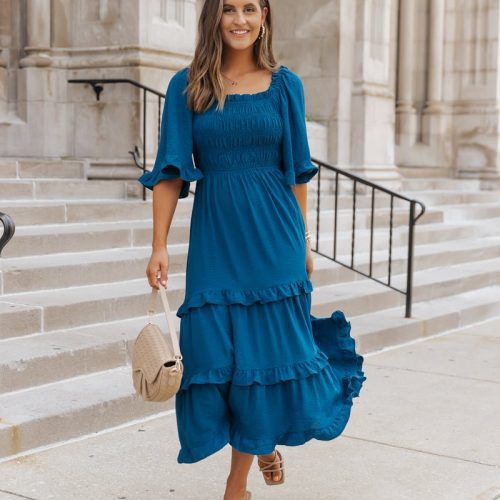 blue off the shoulder tiered midi dress 745369