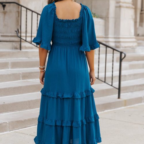 blue off the shoulder tiered midi dress 848915