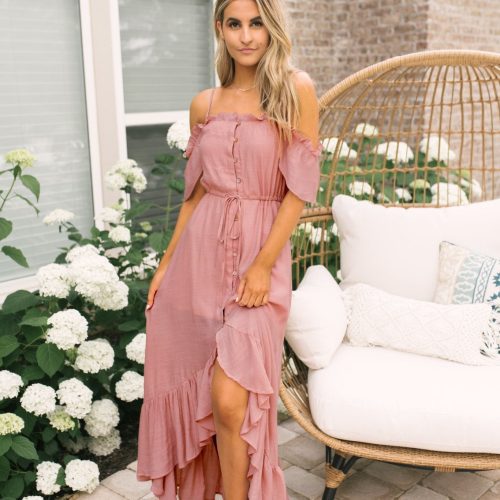 blush off the shoulder button down high low maxi 136091