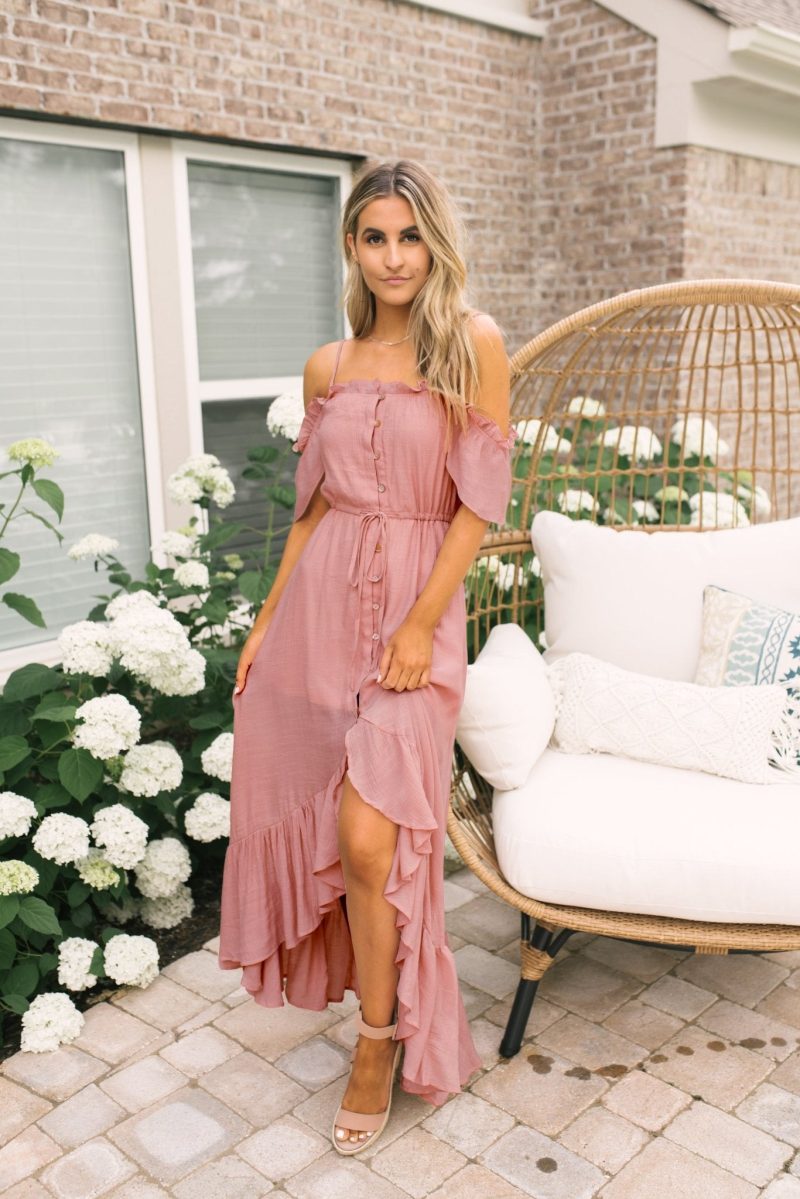 blush off the shoulder button down high low maxi 136091