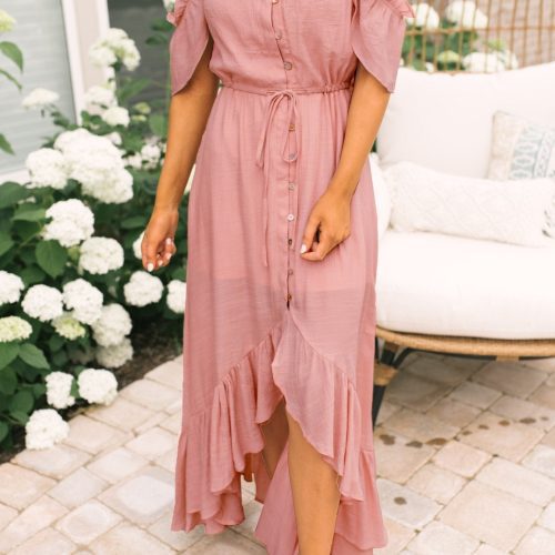 blush off the shoulder button down high low maxi 179911