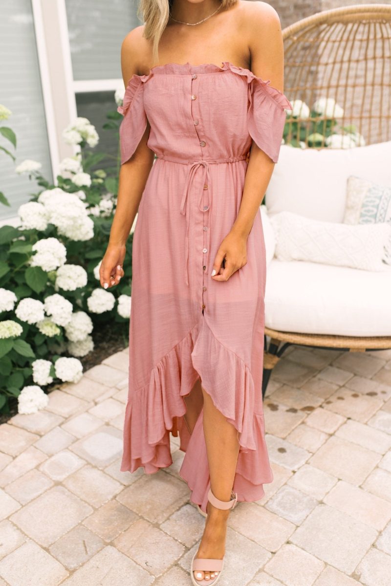 blush off the shoulder button down high low maxi 179911