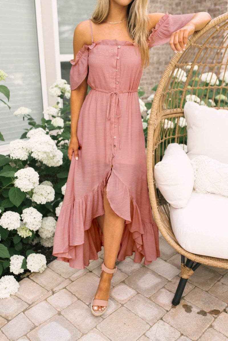 blush off the shoulder button down high low maxi 541815