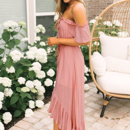 blush off the shoulder button down high low maxi 812046