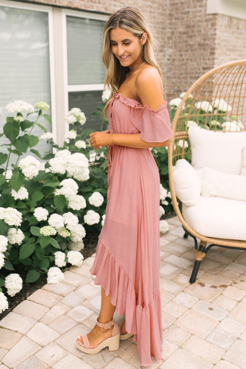 blush off the shoulder button down high low maxi 812046