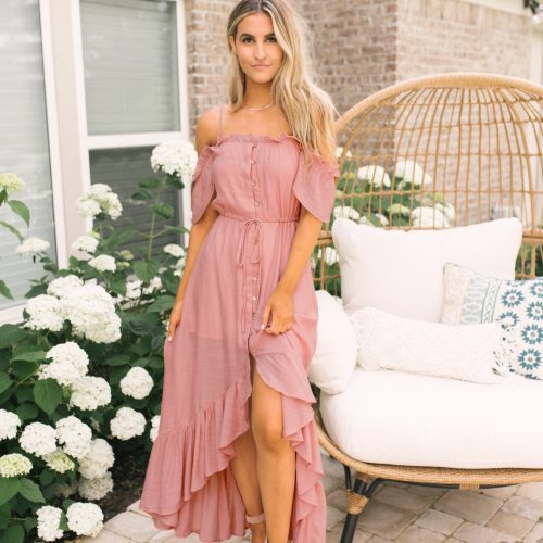 blush off the shoulder button down high low maxi 845680