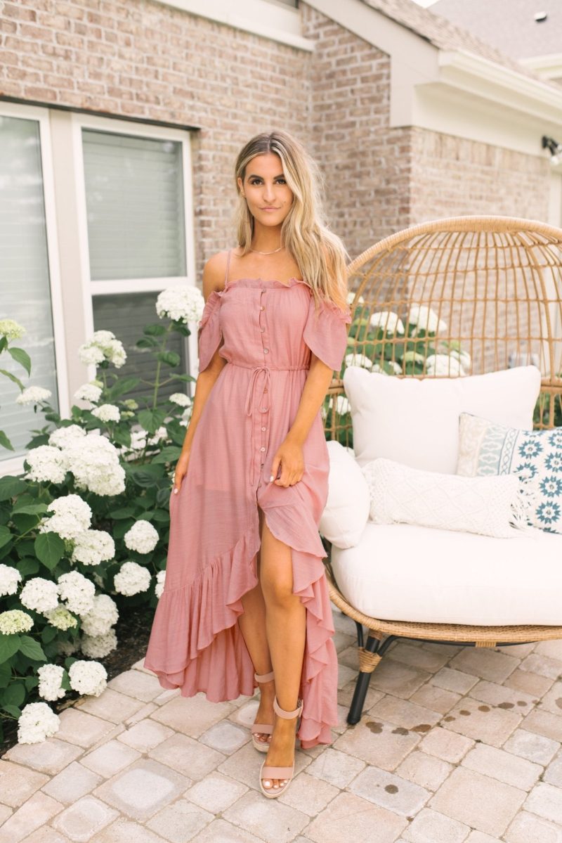 blush off the shoulder button down high low maxi 845680