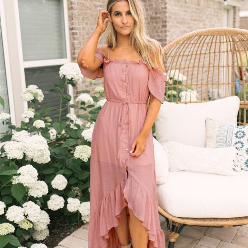 blush off the shoulder button down high low maxi 916667