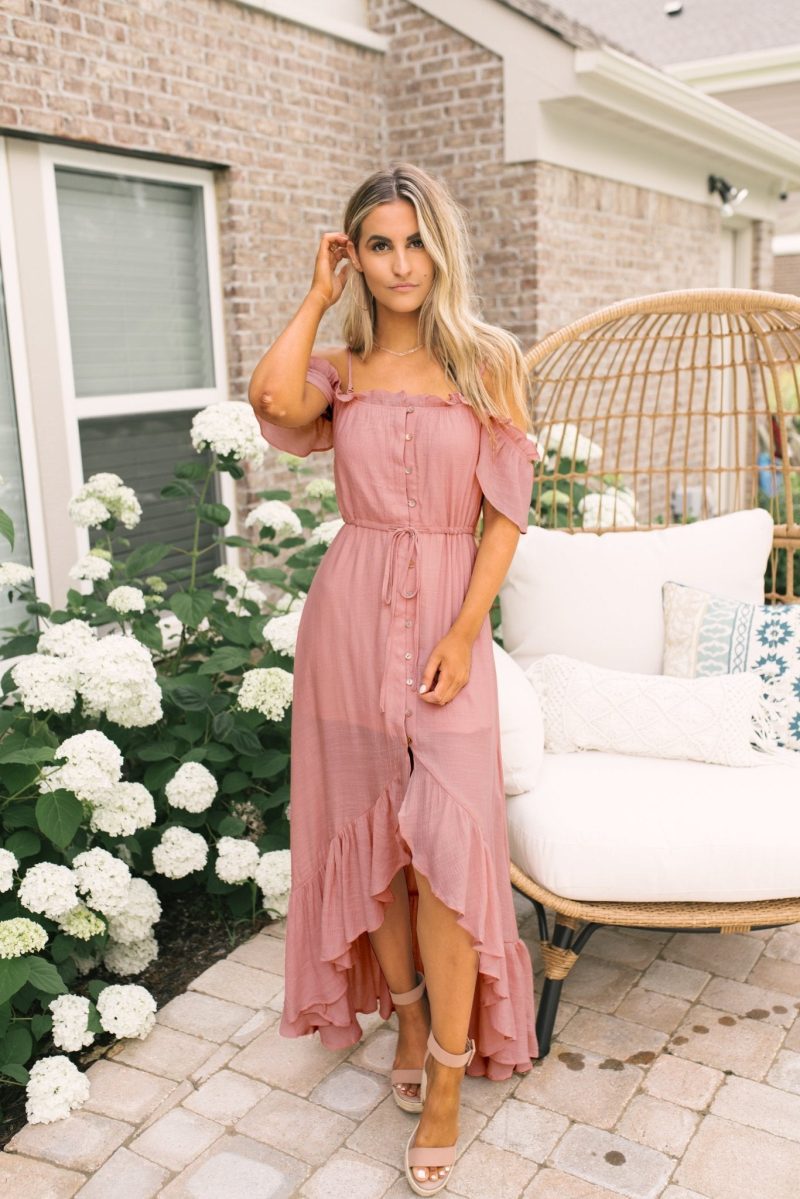 blush off the shoulder button down high low maxi 916667