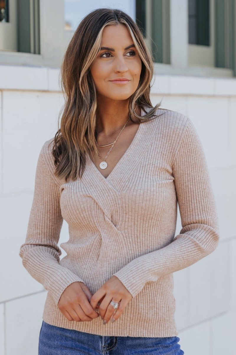 braided front tan ribbed sweater final sale 865033