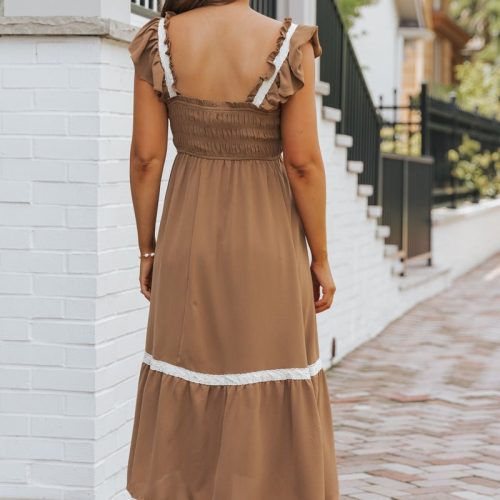 brown contrast flutter sleeve midi dress 517455