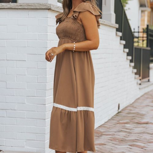 brown contrast flutter sleeve midi dress 528677