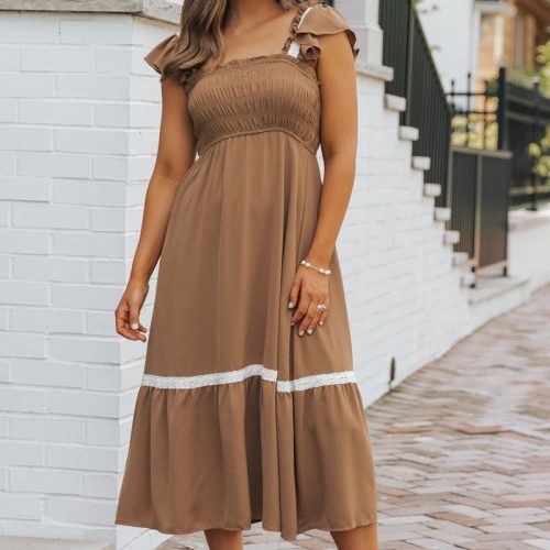 brown contrast flutter sleeve midi dress 574155