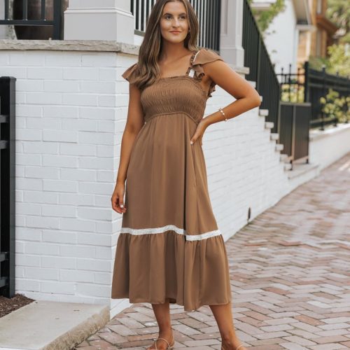 brown contrast flutter sleeve midi dress 747749