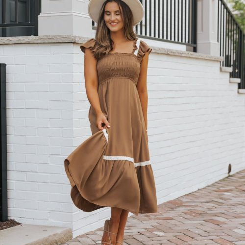 brown contrast flutter sleeve midi dress 826727