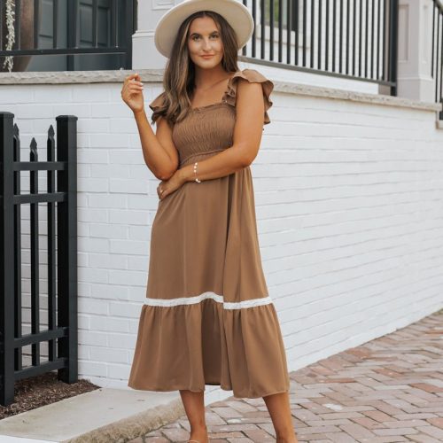 brown contrast flutter sleeve midi dress 962611