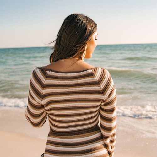 brown crochet striped sweater 128485