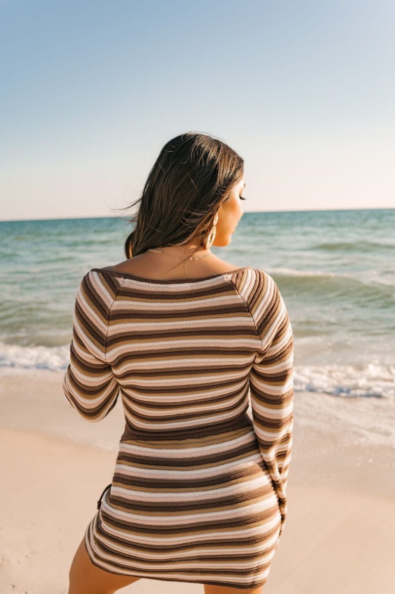 brown crochet striped sweater 128485