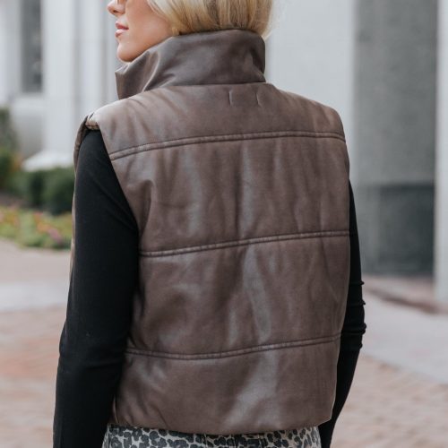 brown faux leather puffer vest 238282