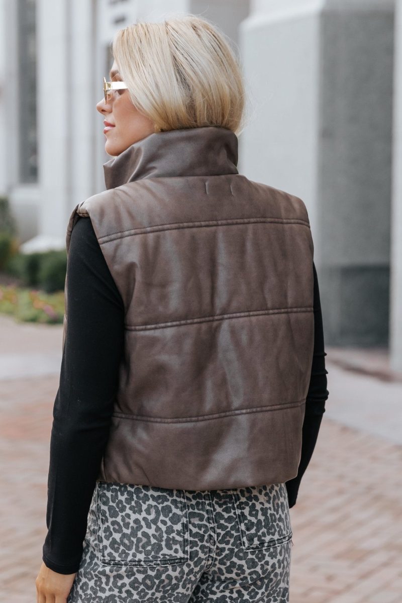 brown faux leather puffer vest 238282