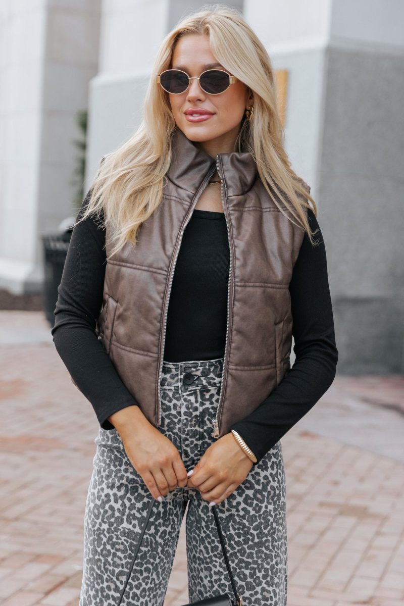 brown faux leather puffer vest 833695