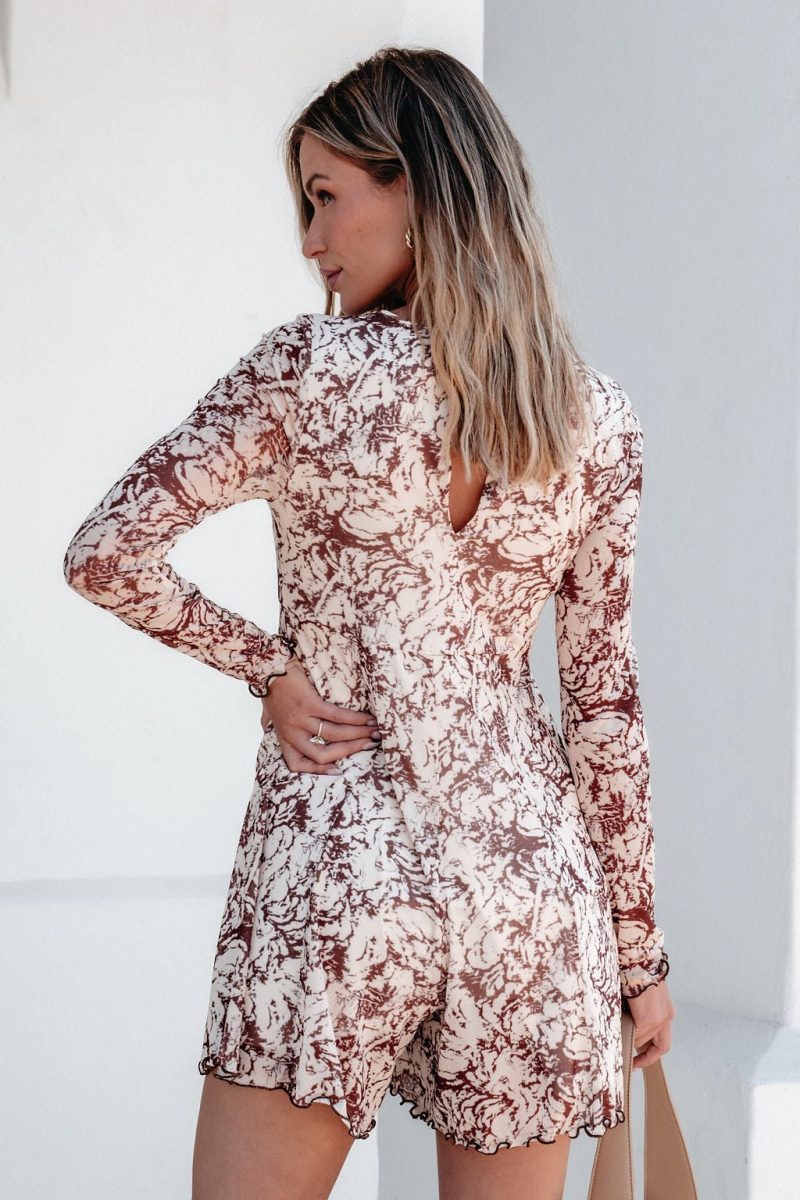 brown floral print romper dress 218583