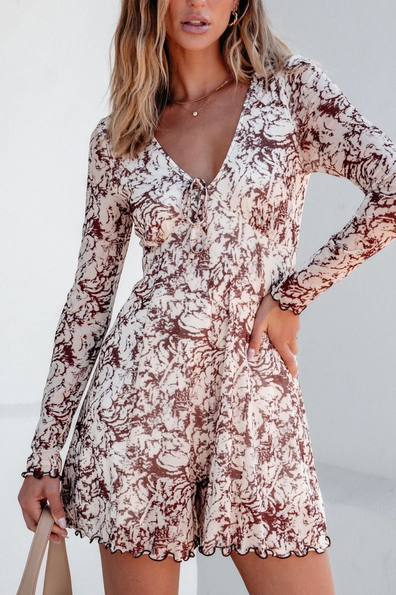 brown floral print romper dress 306296