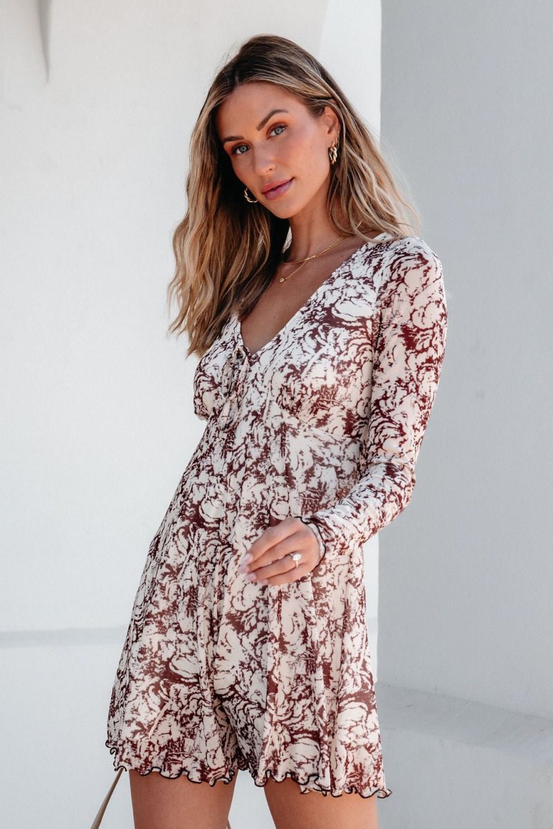 brown floral print romper dress 731365