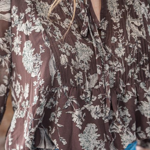 brown floral print tie detail blouse 452496