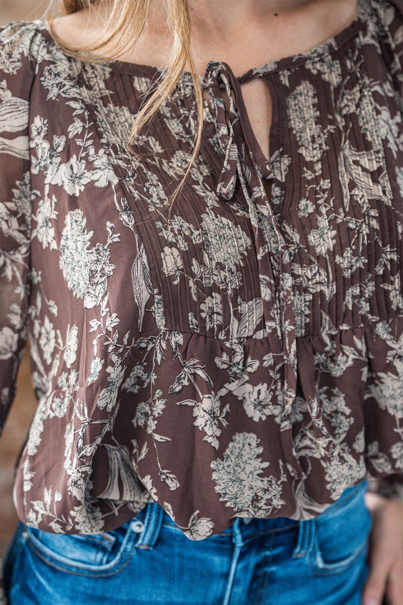 brown floral print tie detail blouse 452496