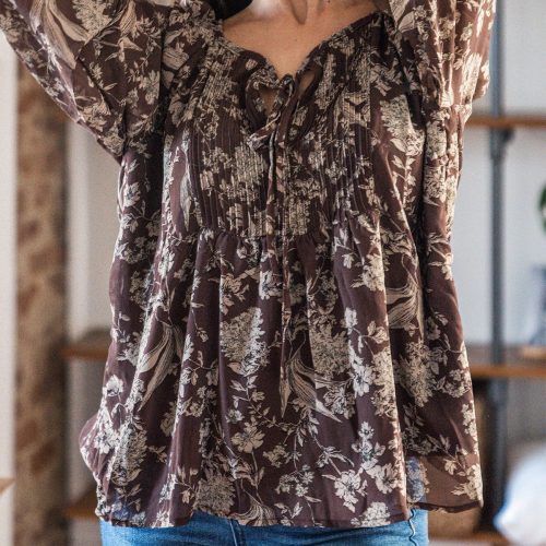 brown floral print tie detail blouse 454197