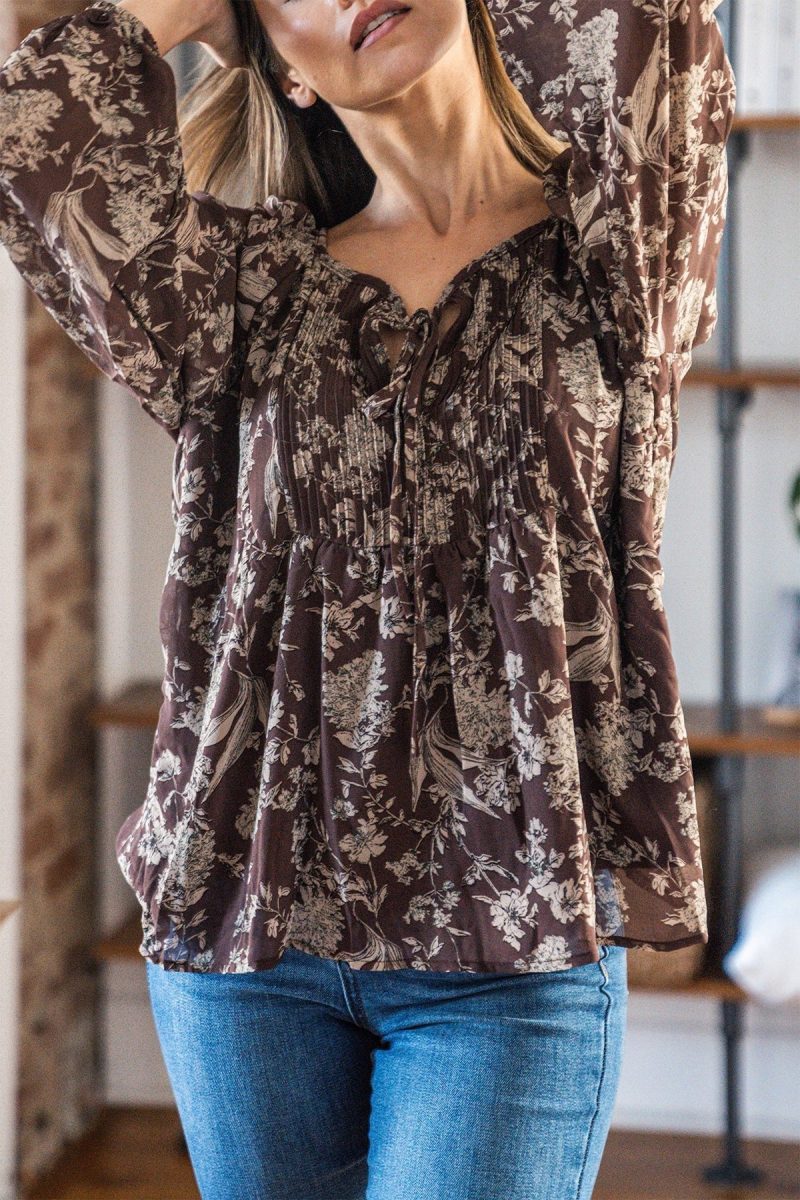 brown floral print tie detail blouse 454197