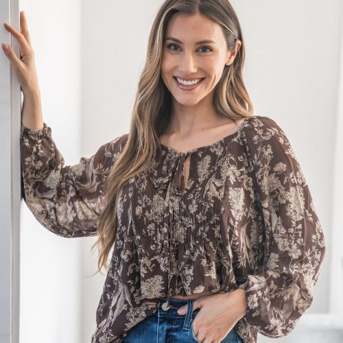 brown floral print tie detail blouse 475932