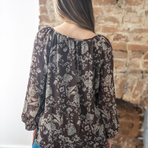 brown floral print tie detail blouse 525830