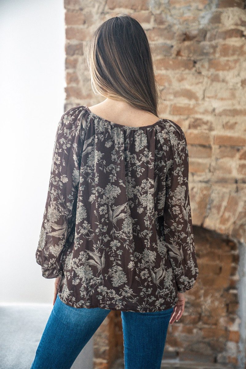 brown floral print tie detail blouse 525830