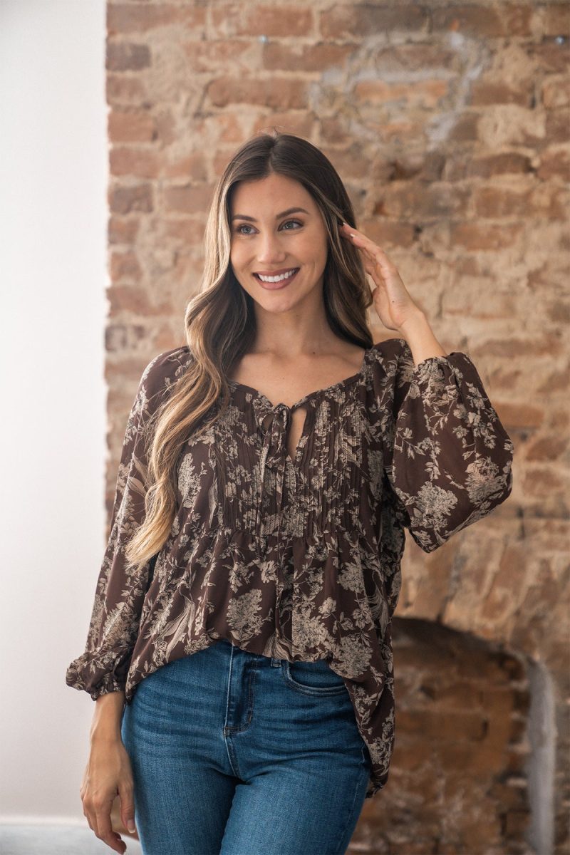 brown floral print tie detail blouse 987455