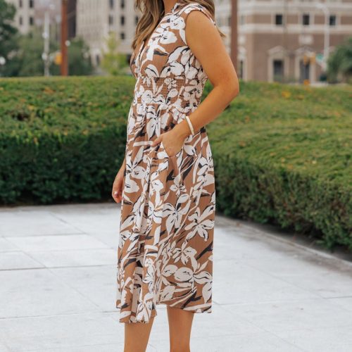 brown floral zip up midi dress 726066