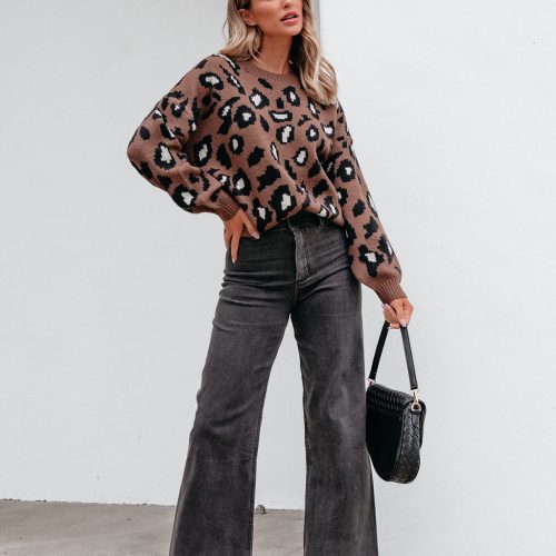 brown leopard print ribbed sweater 121389