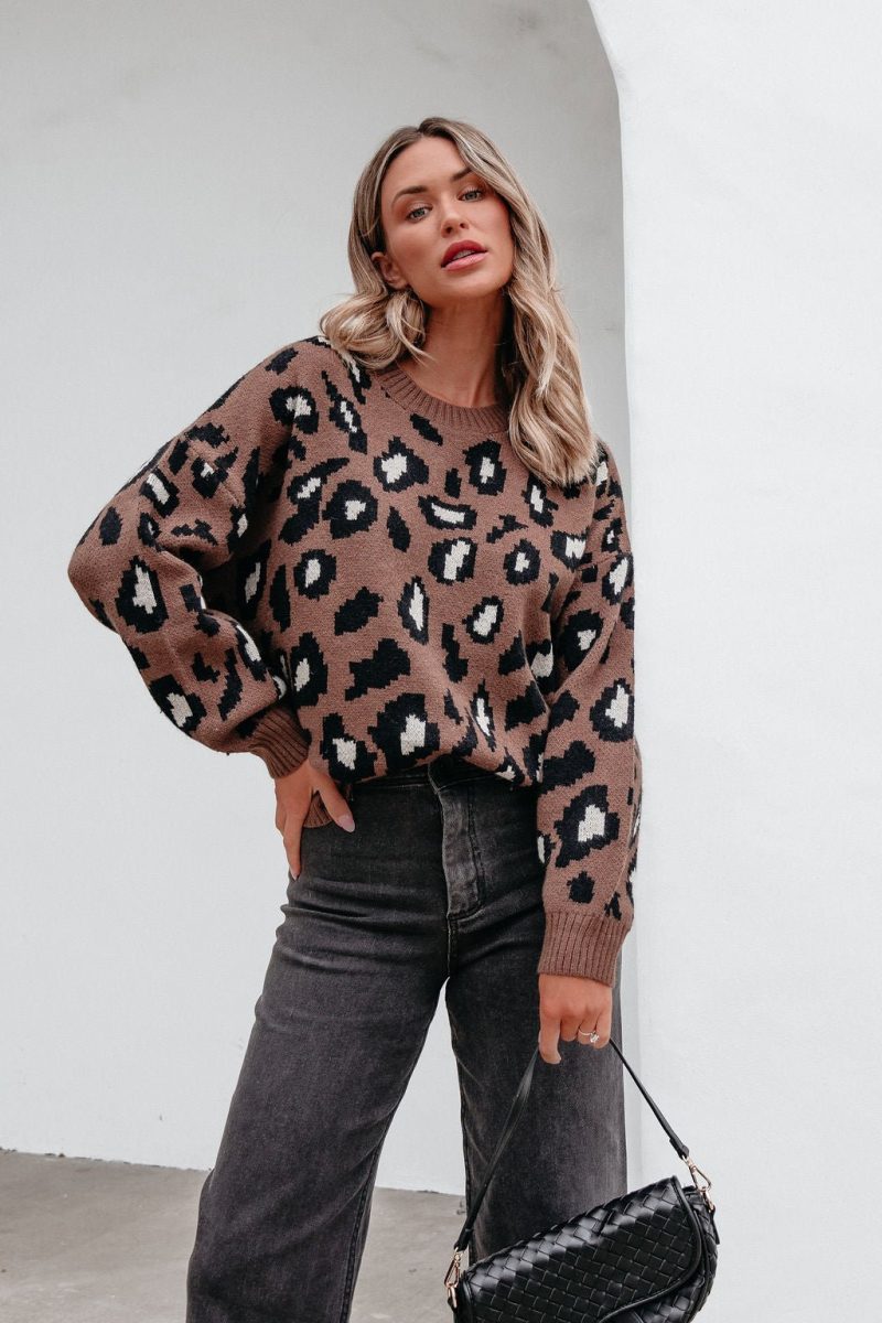 brown leopard print ribbed sweater 188012